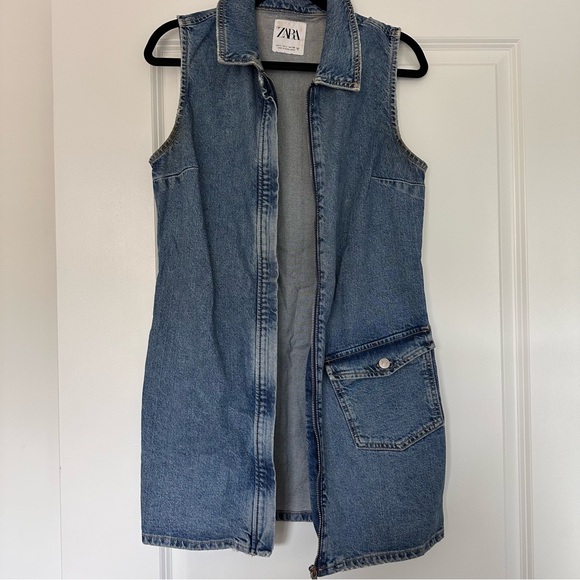 Zara (L) Blue Denim Jean Zip Up Mini Dress- Sleeveless, Collared, Cargo Pocket - Picture 6 of 10